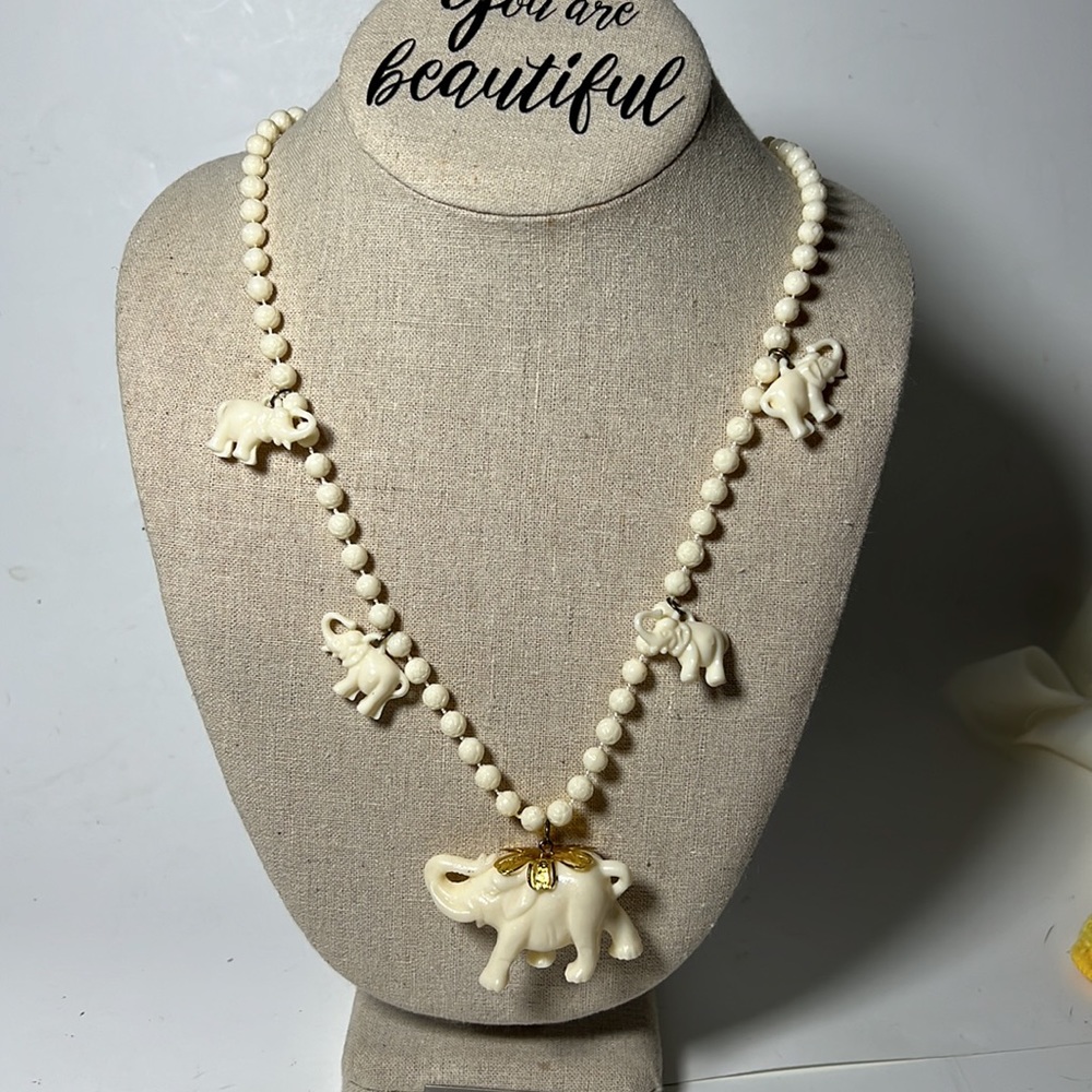 Vintage Necklace Elephant Pendant Rosebud Beaded Celluloid Ivory Color 24 inch